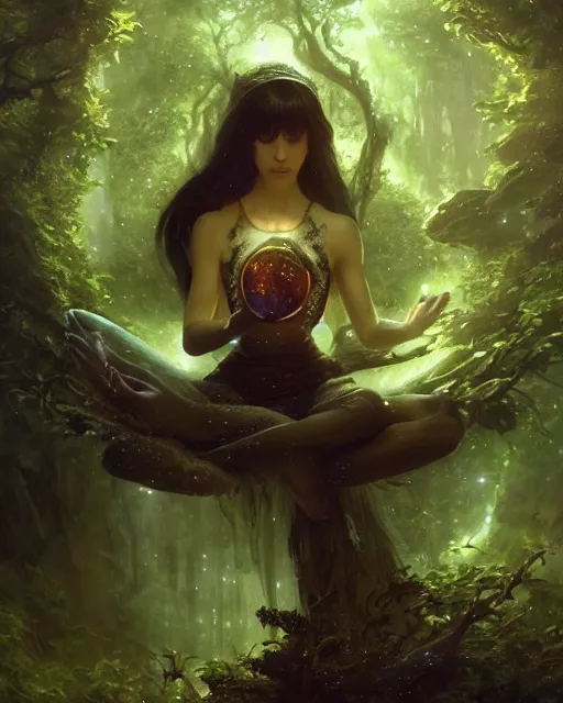 Image similar to female elf with black hair dress meditating in a nebula forest by greg rutkowski, high key lighting, volumetric light, digital art, highly detailed, fine detail, intricate, ornate, complex, octane render, unreal engine, photorealistic digital painting, artstation, concept art, sharp focus, art by greg rutkowski and alphonse mucha