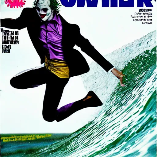 Prompt: the joker catching a wave, cover of surfer magazine, july 2 0 1 1