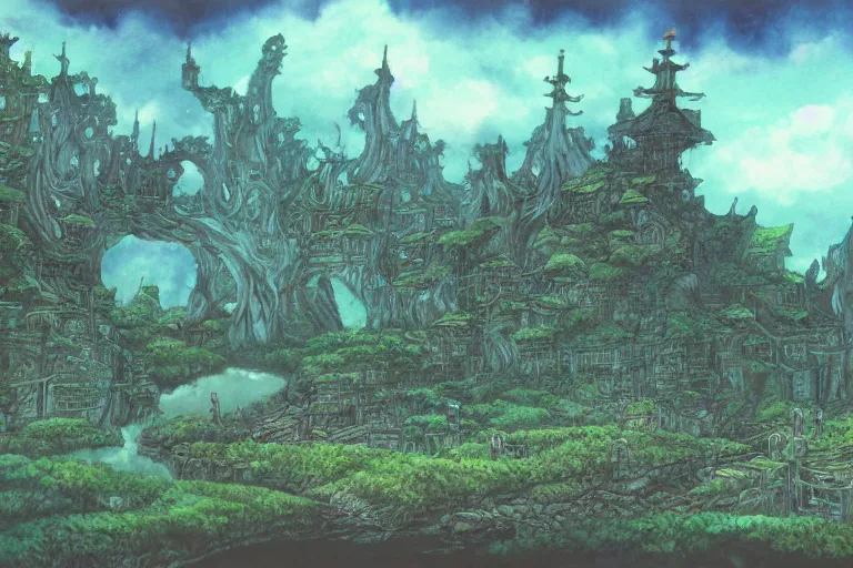 Image similar to dark fantasy land, painting, water color, ghibli, hayao miyazaki, concept art, detailed, nobuyuki yanai, hiroshi matsuyama, hiroyuki maeda