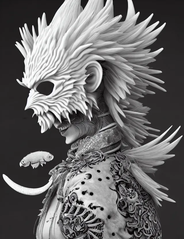 Image similar to 3 d goddess close - up profile simple portrait punk with mohawk with goat skull. beautiful intricately detailed japanese crow kitsune mask and clasical japanese kimono. betta fish, jellyfish phoenix, bio luminescent, plasma, ice, water, wind, creature, artwork by tooth wu and wlop and beeple and greg rutkowski