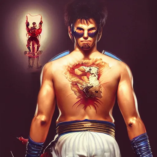 Image similar to ultra realistic freddy mercury as ryu from street fighter, portrait, 4 k, ultra realistic, detailed focused art by artgerm and greg rutkowski and alphonse mucha