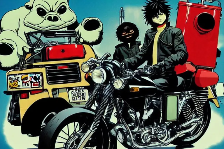 Image similar to pizza the hut, akira's motorcycle, gorillaz, poster, high quality