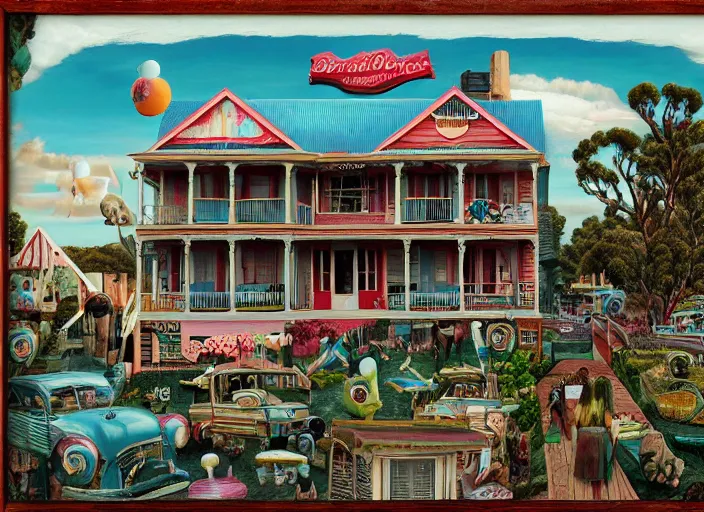 Prompt: australian beach house town, lowbrow, matte painting, 3 - d highly detailed, in the style of mark ryden,