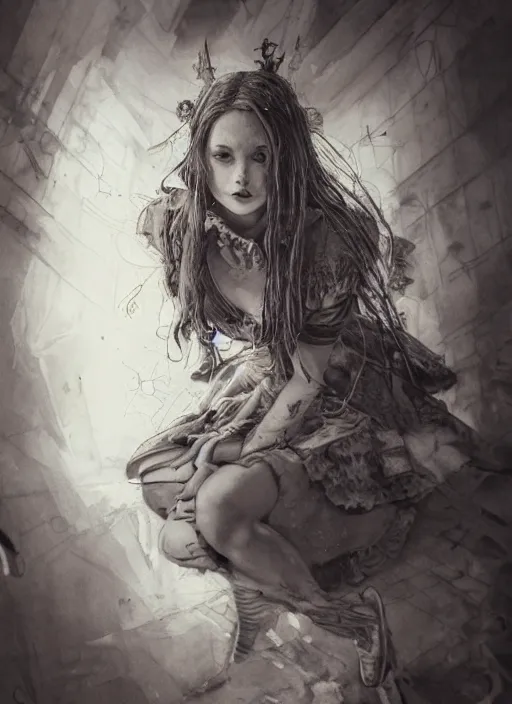 Image similar to portrait, grunge alice in wonderland, watercolor, dramatic lighting, cinematic, establishing shot, extremly high detail, foto realistic, cinematic lighting, pen and ink, intricate line drawings, by Yoshitaka Amano, Ruan Jia, Kentaro Miura, Artgerm, post processed, concept art, artstation, matte painting, style by eddie mendoza, raphael lacoste, alex ross