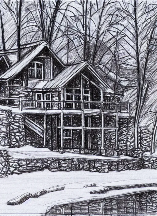 Prompt: a lake house in winter, loose pencil sketch, sketchy, concept art,