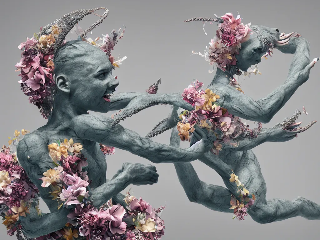 Prompt: a sculpture of ocean shark intertwined, a lovely cornucopia of flowers and human body parts, body parts, highly detailed, octane render, cinematic, shock, sharp focus