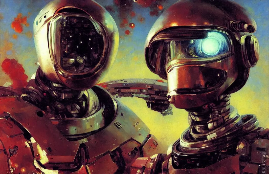 Image similar to portrait of futuristic space robot!!!!!!!!!!!!!!!!!!!!!!!!!!!, detailed face, detailed painting, epic lighting, by ilya repin, phil hale and kent williams