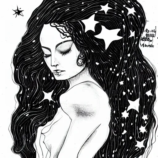 Image similar to A black ink portrait of a lonely beautiful woman with the the constellation in her beautiful black flowing hair, inktober