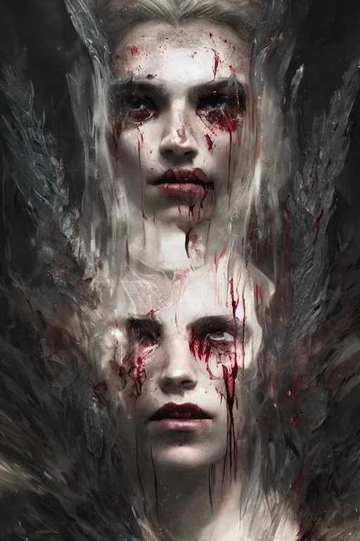 Image similar to A portrait of a monstrous women cuts all over her face by Greg Rutkowski, Sung Choi, Mitchell Mohrhauser, Maciej Kuciara, Johnson Ting, Maxim Verehin, Peter Konig, Bloodborne, 8k photorealistic, cinematic lighting, HD, high details, dramatic, dark atmosphere, trending on artstation