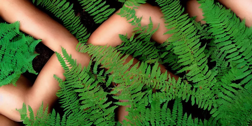Prompt: beautiful human bodies! intertwined! with dark green fern! leaves, tiny vibrant butterflies sitting on shoulders and knees, butterflies! on ferns, shimmering light, moonlight, soft lighting, mysterious atmosphere