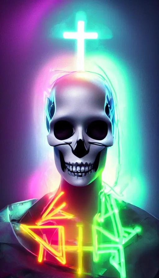 Image similar to a colorful skull with a cross on it's forehead, cyberpunk art by stanley twardowicz, cgsociety, computer art, neon, wallpaper, glowing neon, a woman wearing a silver dress and a silver mask, cyberpunk art by zhou fang, cgsociety, computer art, daz 3 d, zbrush, rendered in maya