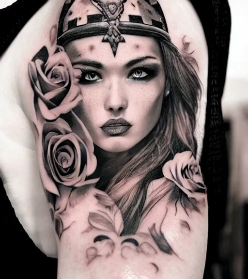 Image similar to tattoo design on white background of a beautiful girl warrior, roses, hyper realistic, realism tattoo, by eliot kohek, beautiful eyes, realistic face, black and white