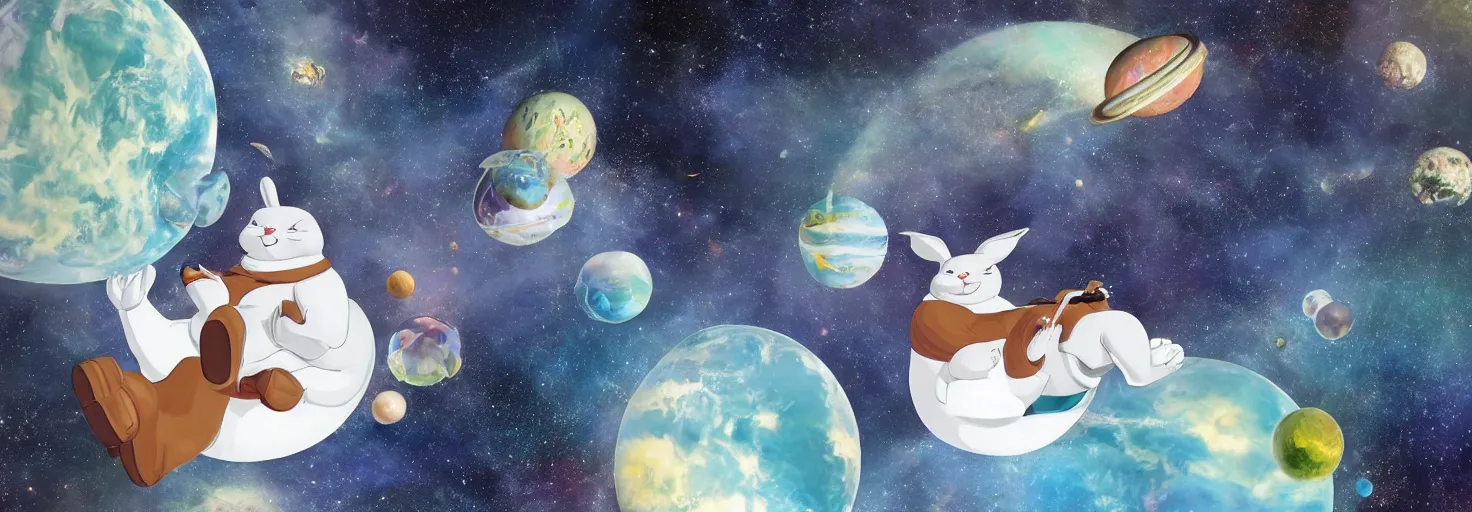 Prompt: photo of big chungus floating in space