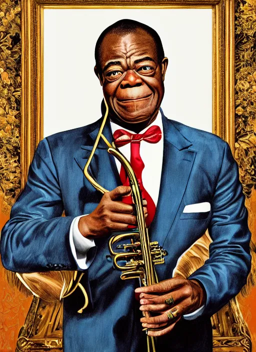 Prompt: a portrait of louis armstrong holding a white handkerchief, by kehinde wiley, dramatic lighting, highly detailed digital painting