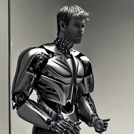 Image similar to “a realistic detailed photo of a guy who is an attractive humanoid who is half robot and half humanoid, who is a male android, Chris Hemsworth, shiny skin, posing like a statue, blank stare”