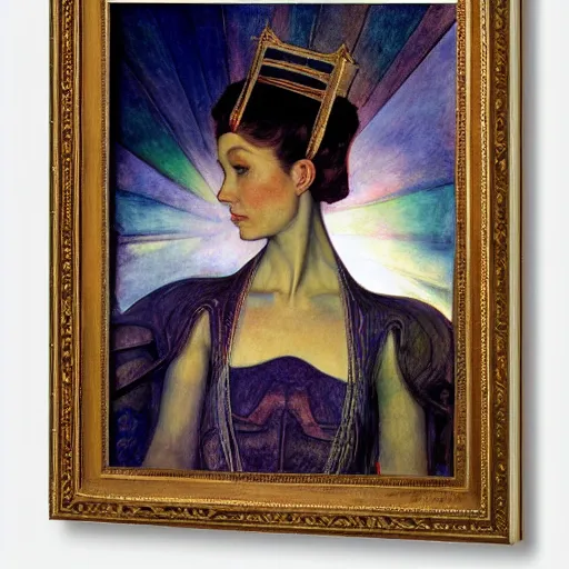 Image similar to the android queen, by Annie Swynnerton and Diego Rivera, symbolist, dramatic lighting, elaborate geometric ornament, Art Brut ,god rays, soft cool colors,smooth, sharp focus, extremely detailed, Adolf Wölfli