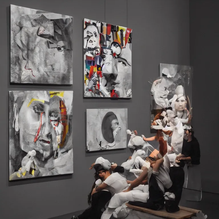Prompt: dada projection performance art onto several objects in an art gallery, high contrast hyperrealism trending on arstation 8 k