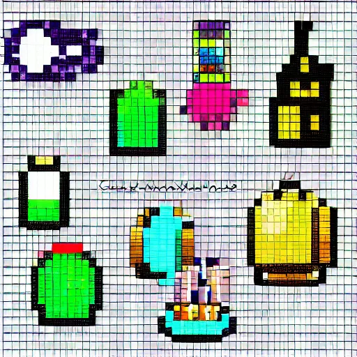 Prompt: pixel art, sprite, vector sheet, potions, magical, colorful, no background, very detailed, high resolution