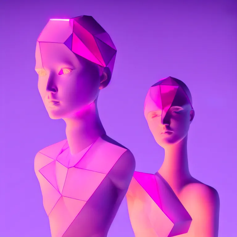 Image similar to beautiful mannequin sculpted out of amethyst by billelis + lit with 3 d geometric neon + doorway opening with neon pink geometric light + hosta flowers!!!, moon in background!!!!!!, rule of thirds, clean linework, dramatic, award winning, 4 k, trending on artstation, photorealistic, volumetric lighting, octane render