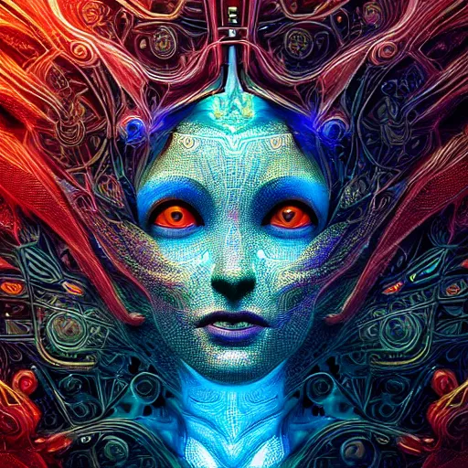 Image similar to Face of a Alien Deity, centered, corals, plume made of geometry, extremly detailed digital painting, sharp focus in the style of android jones, artwork of a futuristic artificial intelligence superstar with frames made of detailed circuits, mystical colors, rim light, beautiful lighting, 8k, stunning scene, raytracing, octane, under water visual distortion, dark tones colors, trending on artstation