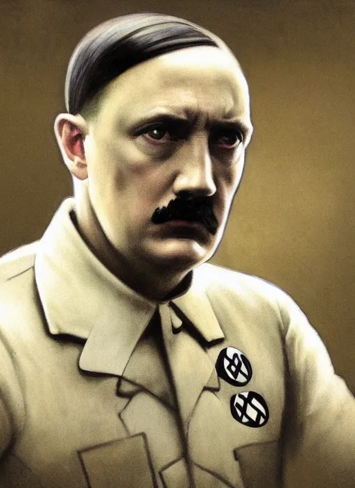 Prompt: Hitler in luxuruous active nike shirt, sigma male, NIKE logo, NIKE checkmark, accurately portrayed, portrait art by alphonse mucha and greg rutkowski, highly detailed, digital painting, concept art, illustration, dim lighting with twilight rays of sunlight, trending on artstation, very detailed, smooth, sharp focus, octane render, close up