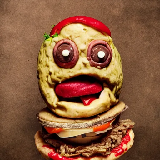 Image similar to a humanoid bipedal upright zombie that strongly resembles a hamburger, professional food photography