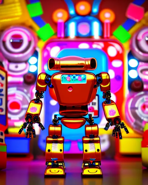 Image similar to cute elaborate robot, candy colors, pinball machine parts, symmetrical, in a city made of arcade machines and candy, octane render, 3 d model, detailed by pokedstudio