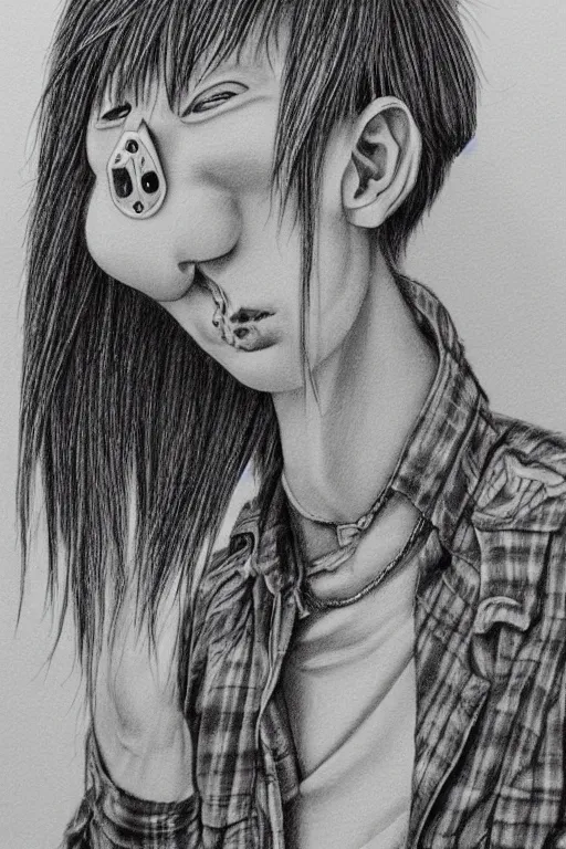 Image similar to amazing lifelike award winning pencil illustration of sad people, shibuya, punk skater