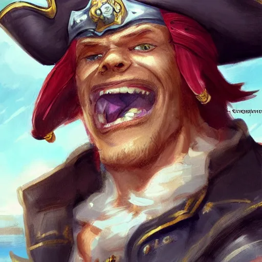 Image similar to dashing charming ginger grinning charismatic human male rogue, wearing pirate captain's tricorne hat, naval background, amazing, trending on art station, artgerm, Greg rutkowski