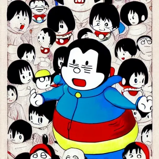 Prompt: Doraemon and Nobita in the style of Junji Ito