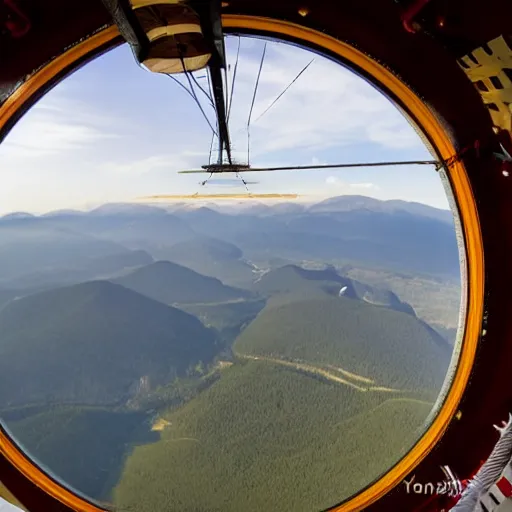 Image similar to the bridge of a military zeppelin's gondola, with a view to a mountain valley outside