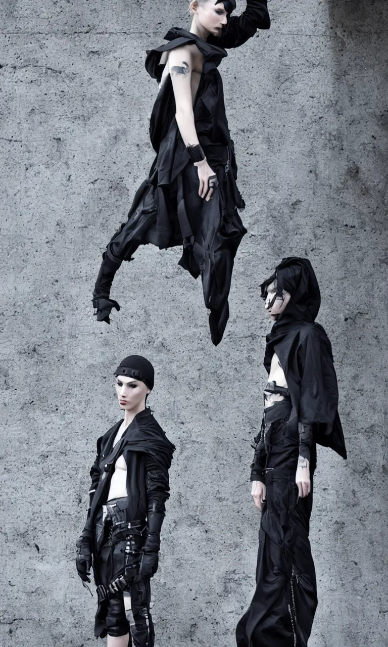 Image similar to beautiful androgynous avant garde techwear look and clothes, intricate, Rick Owens, Y3, trending on r/streetwear, fit pic, rule of thirds,