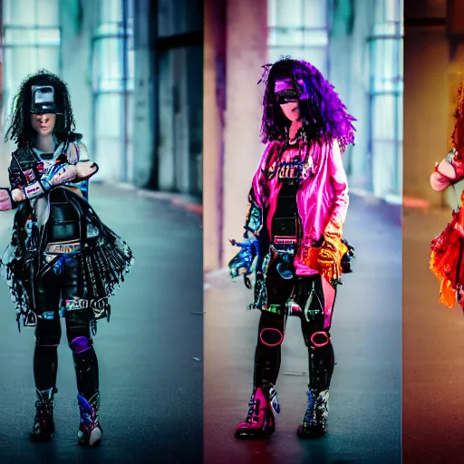 Prompt: a photo of 4 cyber - punk cyberpunk girls of different ages in different outfits, 5 0 mm lens, f 1. 4, sharp focus, ethereal, emotionally evoking, head in focus, volumetric lighting, blur dreamy outdoor,