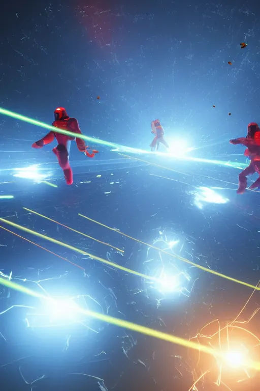 Image similar to wide view of a dozen futuristic spacemen firing lasers, zero gravity, floating, in space, bright, hiding behind obstacles, surrounded by a laser grid, stars visible, unreal engine, lensflares, low perspective, vector, polygons