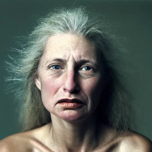 Prompt: a candid extreme closeup portrait of an expressive face of a bored happy woman by annie leibovitz