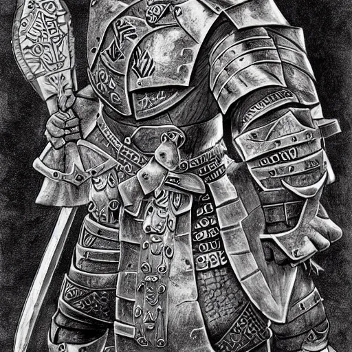 Image similar to ogre warrior wearing plated armor who is holding a battle axe in the style of warhammer fantasy : : head and torso drawing