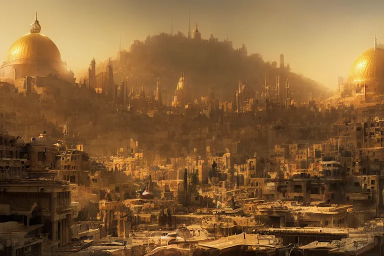 Prompt: futuristic oriental robotic jerusalem city, matte painting, long shot, concept art, wide shot, digital art, trending on artstation, 4 k, extremely detailed, realistic, midday, warm colors, golden sunlight, by greg rutkowski, cinematic, epic