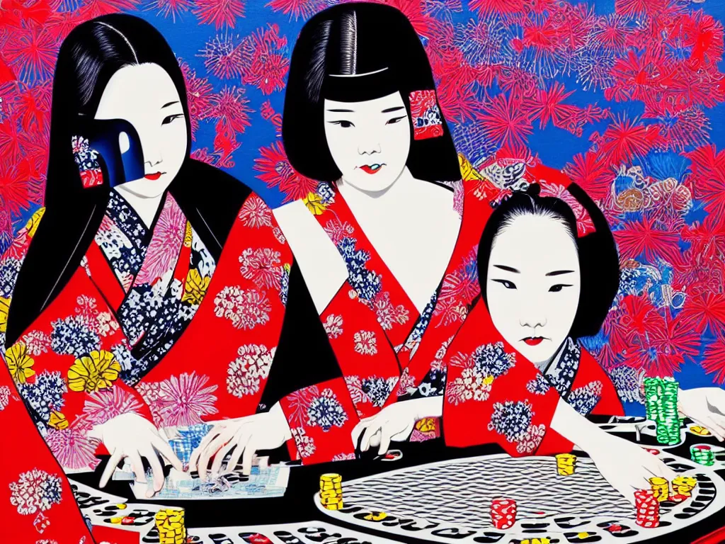 Image similar to hyperrealistic composition of the detailed woman in a japanese kimono sitting at a extremely detailed poker table with detailed darth vader, fireworks, mount fuji on the background, pop - art style, jacky tsai style, andy warhol style, acrylic on canvas