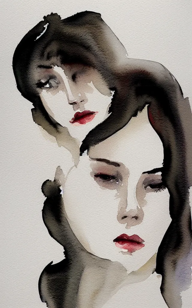 Prompt: beautiful face woman portrait, grey, colorless and silent, watercolor portraits by Luke Rueda Studios and David downton