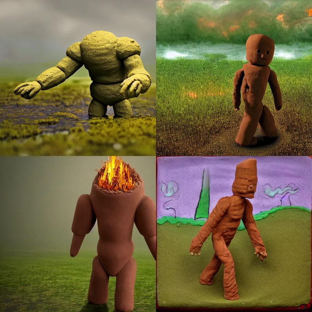 Prompt: A clay humanoid golem exiting a swamp and walking onto a green meadow. His clay exterior beginning to crack off revealing a flame like interior.