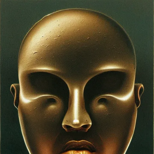 Prompt: human with metallic face by Zdzisław Beksiński