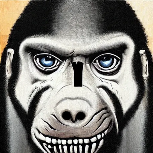 Image similar to ape painting a picture made by banksy, symmetrical facial features,