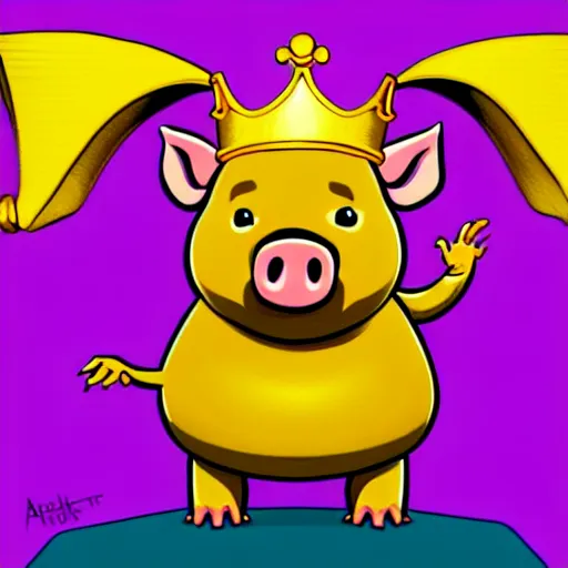 Prompt: standing pig wearing a gold crown on it's head illustration concept art in the style of Arthur Adams, full body 8k