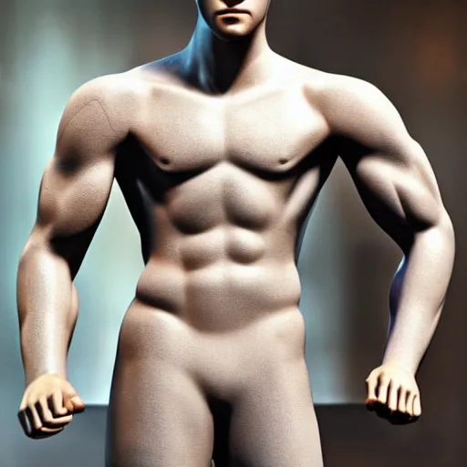 Prompt: a realistic detailed photo of a guy who is an attractive humanoid who is half robot and half humanoid, who is a male android, actor liam hemsworth, shiny skin, posing like a statue, blank stare, in a factory, on display, showing off his muscles