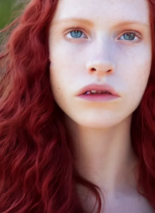 Image similar to close up portrait photograph of a thin young redhead woman with russian descent, sunbathed skin, with deep blue eyes. Wavy long maroon colored hair. she looks directly at the camera. Slightly open mouth, face takes up half of the photo. a park visible in the background. 55mm nikon. Intricate. Very detailed 8k texture. Sharp. Cinematic post-processing. Award winning portrait photography. Sharp eyes.