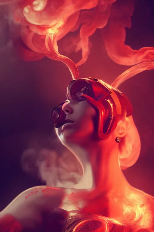 Image similar to a vintage photograph of a communist girl, strong subsurface scattering, red smoke, gold cables, dramatic lighting, stunning scene, highly detailed, concept art, octane render, trending on artstation