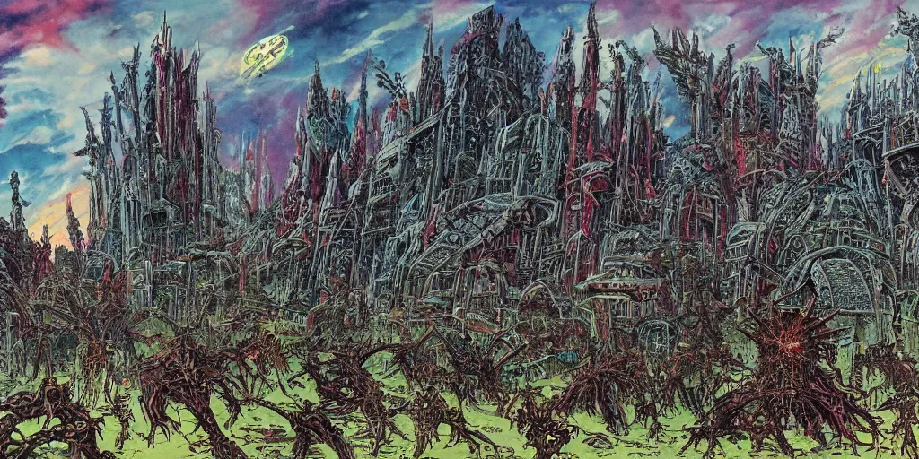 Image similar to post apocalyptic scifi landscape with city ruins, bustling with orcs and elven mystics, by philippe druillet, psychedelic colors