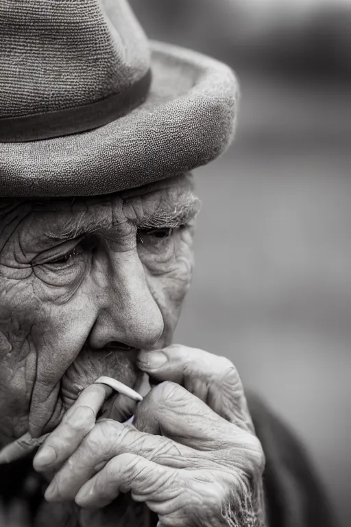 Image similar to sepia close up photograph of an old man with a worn face and trilby smoking a cigarette staring sadly into the camera, Nikon 50mm f/1.8G, award winning, detailed, 4K