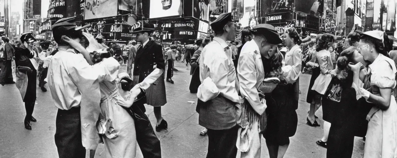 Prompt: alfred eisenstaedt's photograph of spaghetti and an american sailor kissing a woman in times square, 1 9 4 5, canon 5 0 mm, kodachrome, retro