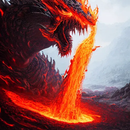 Image similar to dragon made of molten stone dripping with lava rising from the ground, digital art, highly detailed, intricate, tense atmosphere, menacing, scary, 8 k, by greg rutkowski